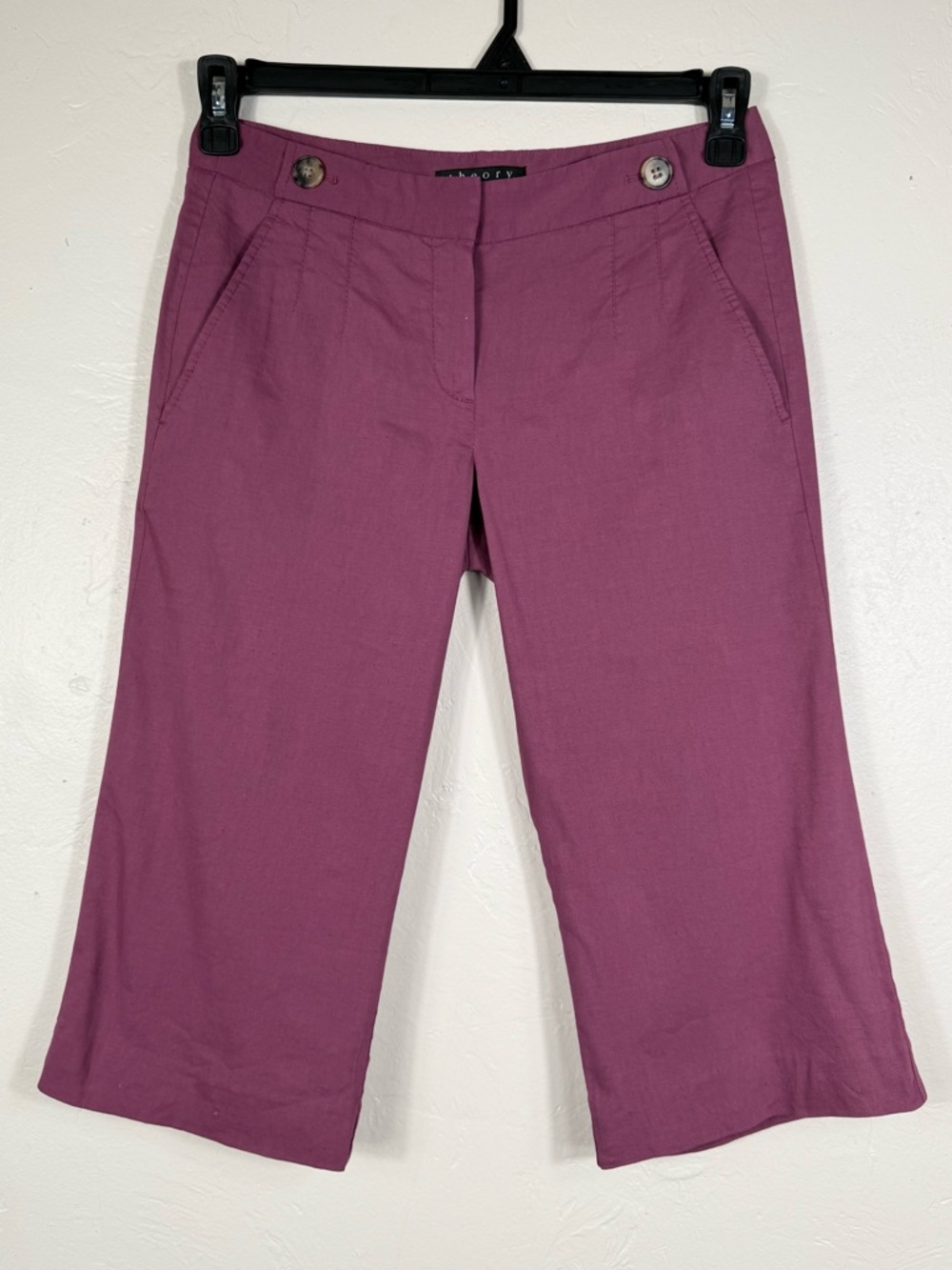 Theory Linen Blend Cropped Wide-Leg Trousers Capris Plum Lilac Purple Size 2